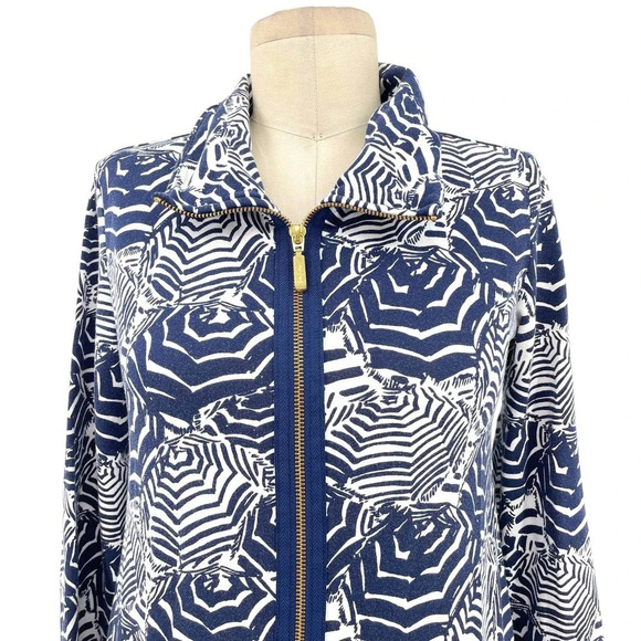 Lilly Pulitzer Leona Terry Zip‎ Up Jacket Navy Blue Oh Cabana Boy Print Size XS - Picture 2 of 9